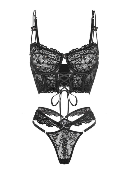 Black Pearls Small Flower Lace Lingerie Set
