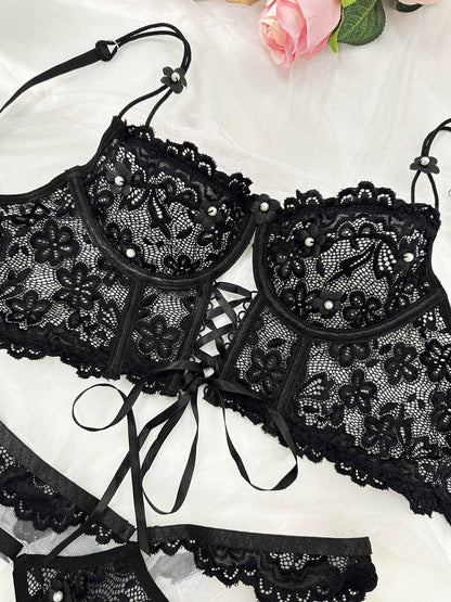 Black Pearls Small Flower Lace Lingerie Set