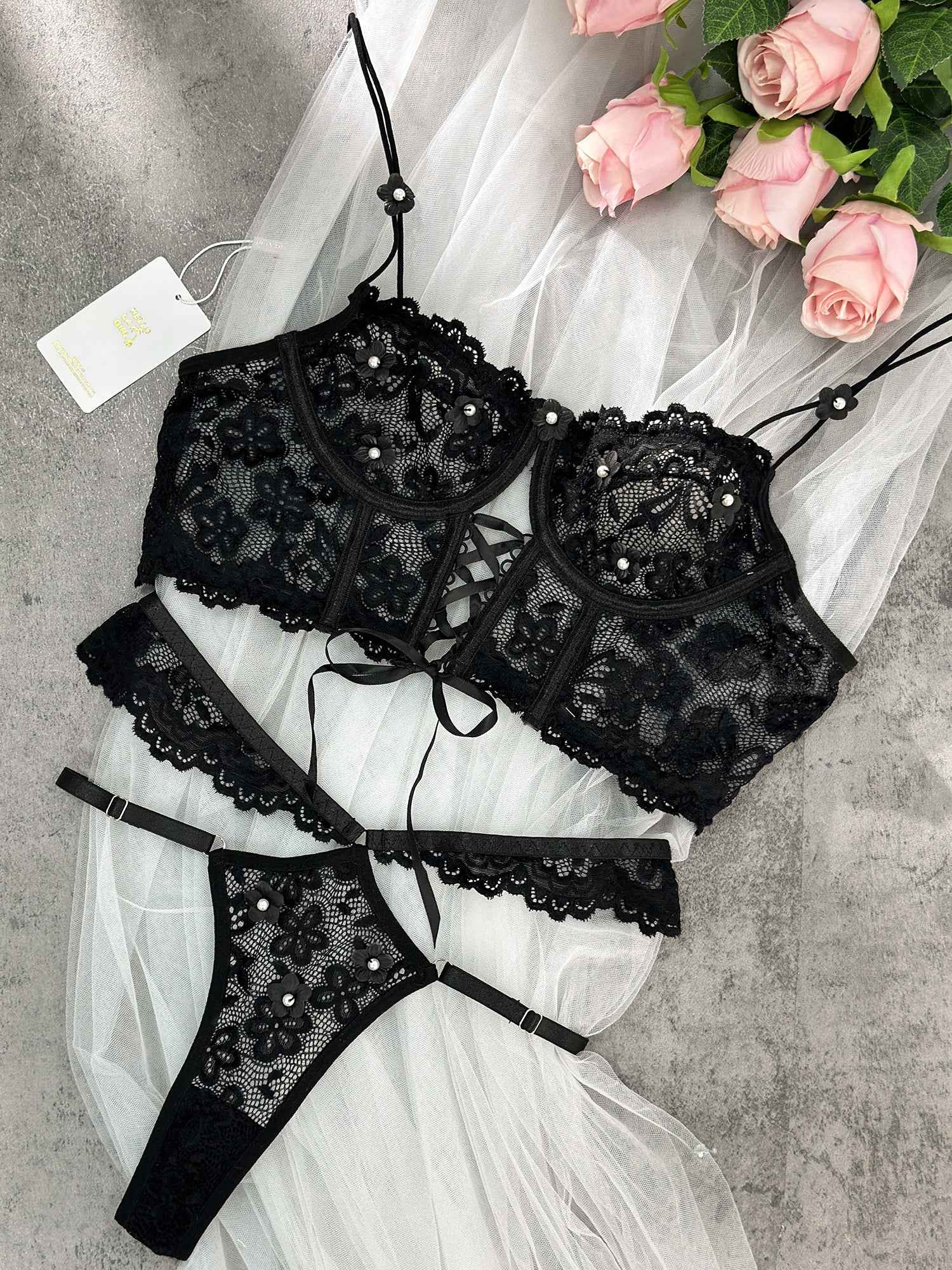 Black Pearls Small Flower Lace Lingerie Set