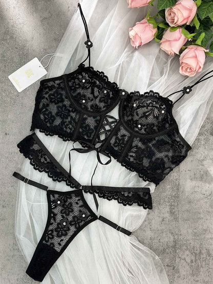 Black Pearls Small Flower Lace Lingerie Set