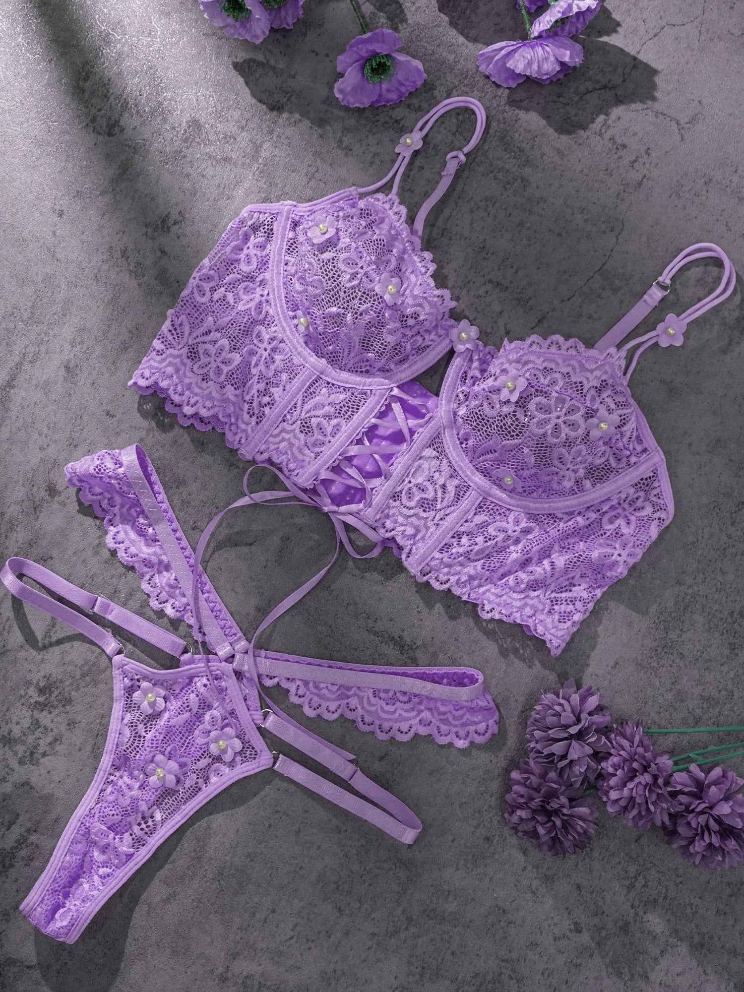 Purple Pearls Flower Lingerie Set