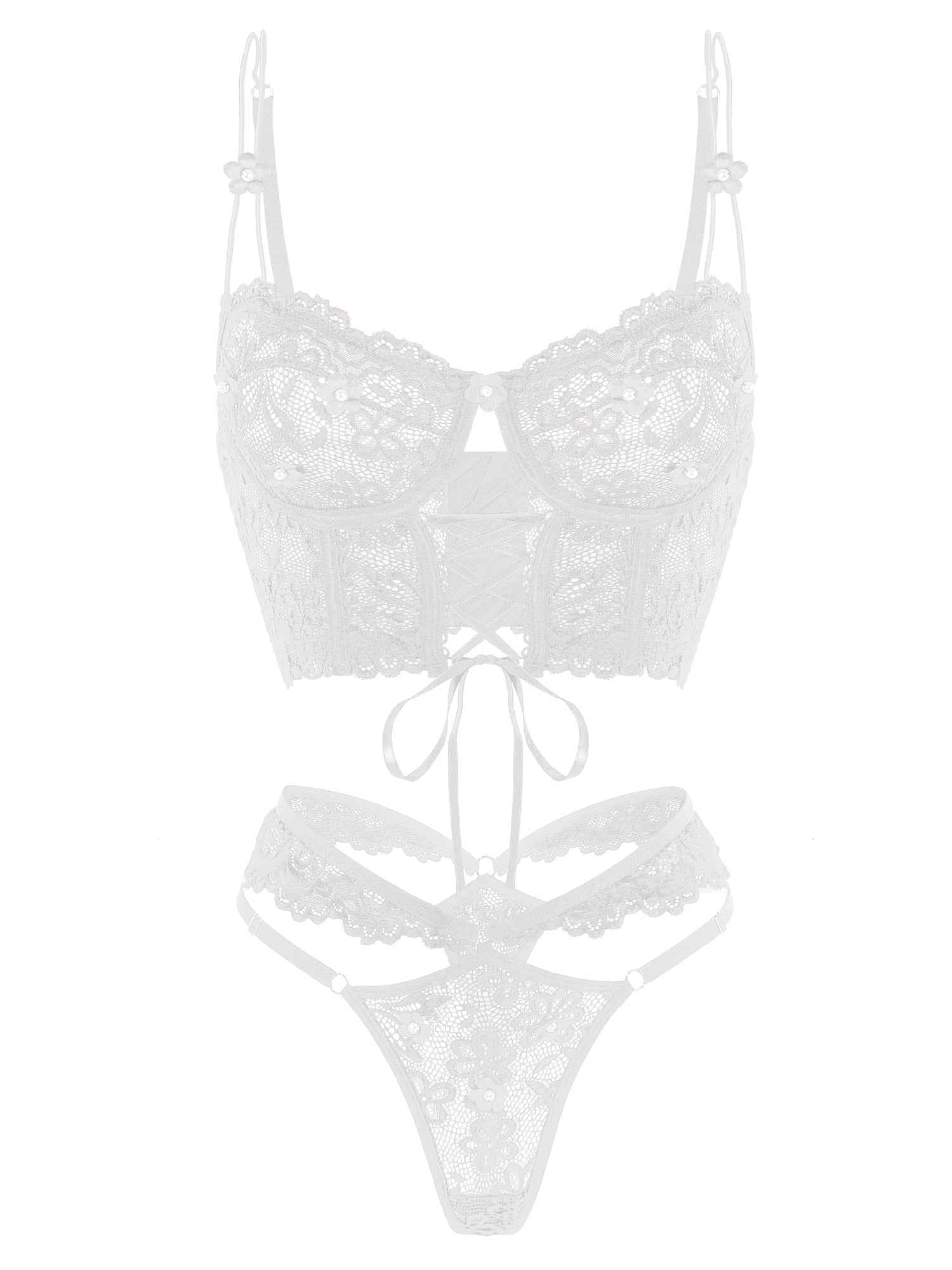 White Pearls Small Flower Lace Lingerie Set