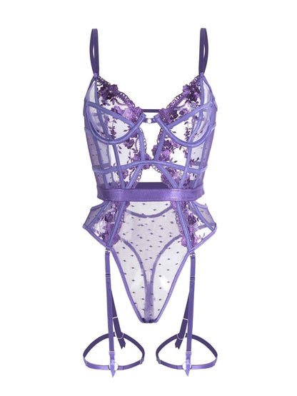Purple Solid Elegant Embroidered Lace Bodysuit