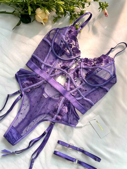 Purple Solid Elegant Embroidered Lace Bodysuit