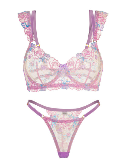 Purple Butterfly Bow Embroidered Flower Lingerie Set - DestGlow