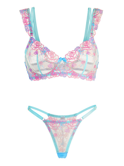 Blue Butterfly Bow Colorful Embroidered Flower Lingerie Set - DestGlow