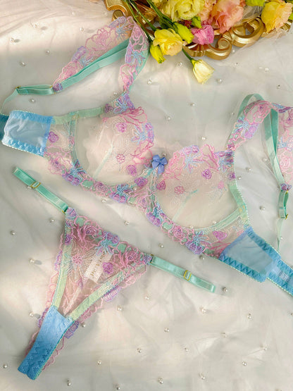 Blue Butterfly Bow Colorful Embroidered Flower Lingerie Set - DestGlow