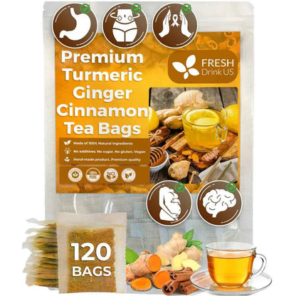 Turmeric Ginger, Cinnamon Tea, Tea Bags, 100% Natural, Hand-made, No Sugar, No Caffeine, No Gluten, Vegan