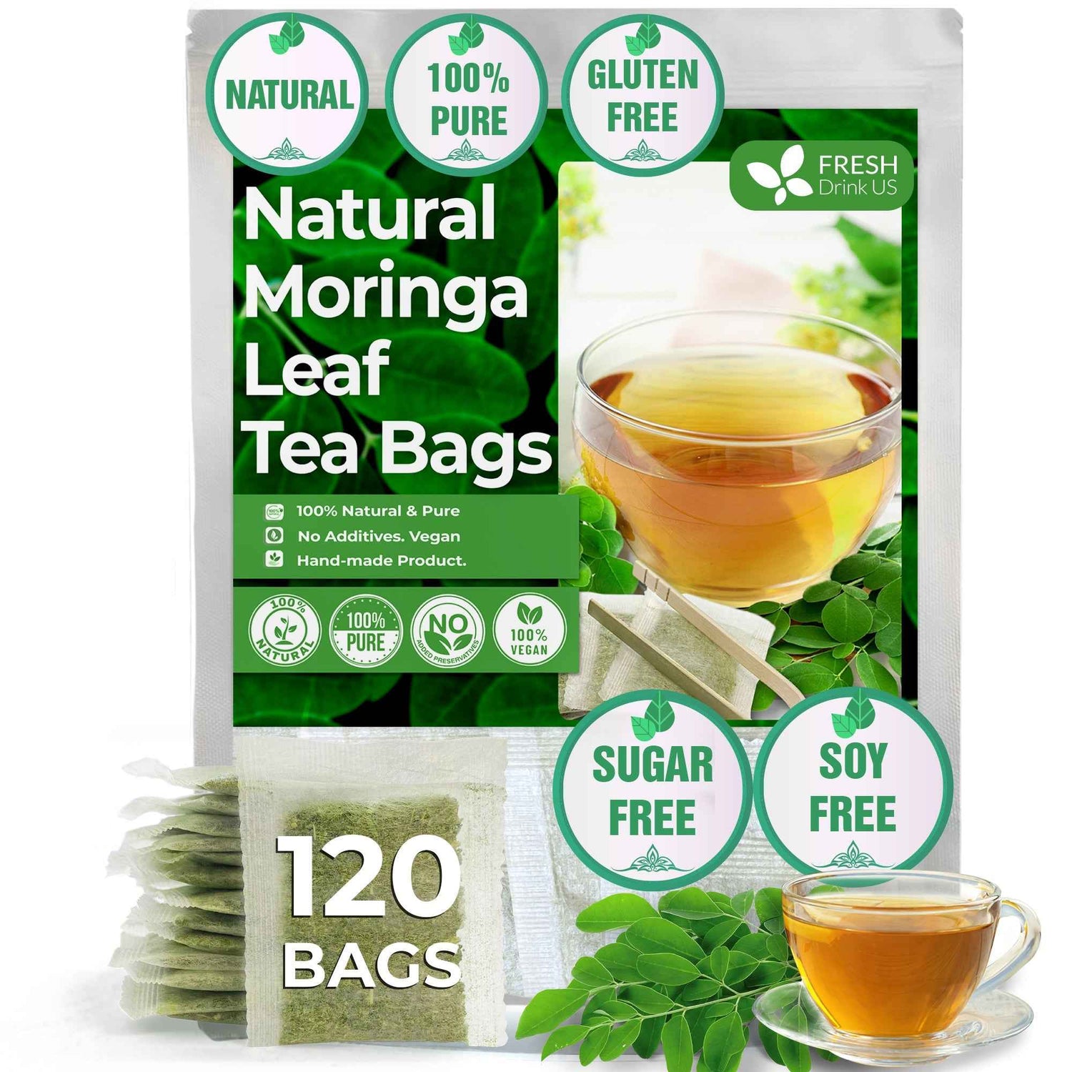 Moringa Leaf Tea Bags, 100% Natural &amp; Pure from Moringa Leaves. Loose Leaf Moringa Herbal Tea. Moringa Leaf Tea. No Sugar, No Caffeine, No Gluten, Vegan
