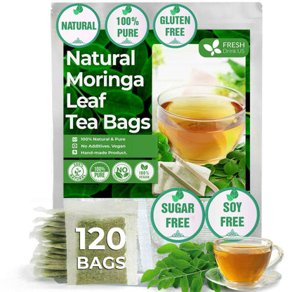 Moringa Leaf Tea Bags, 100% Natural &amp; Pure from Moringa Leaves. Loose Leaf Moringa Herbal Tea. Moringa Leaf Tea. No Sugar, No Caffeine, No Gluten, Vegan