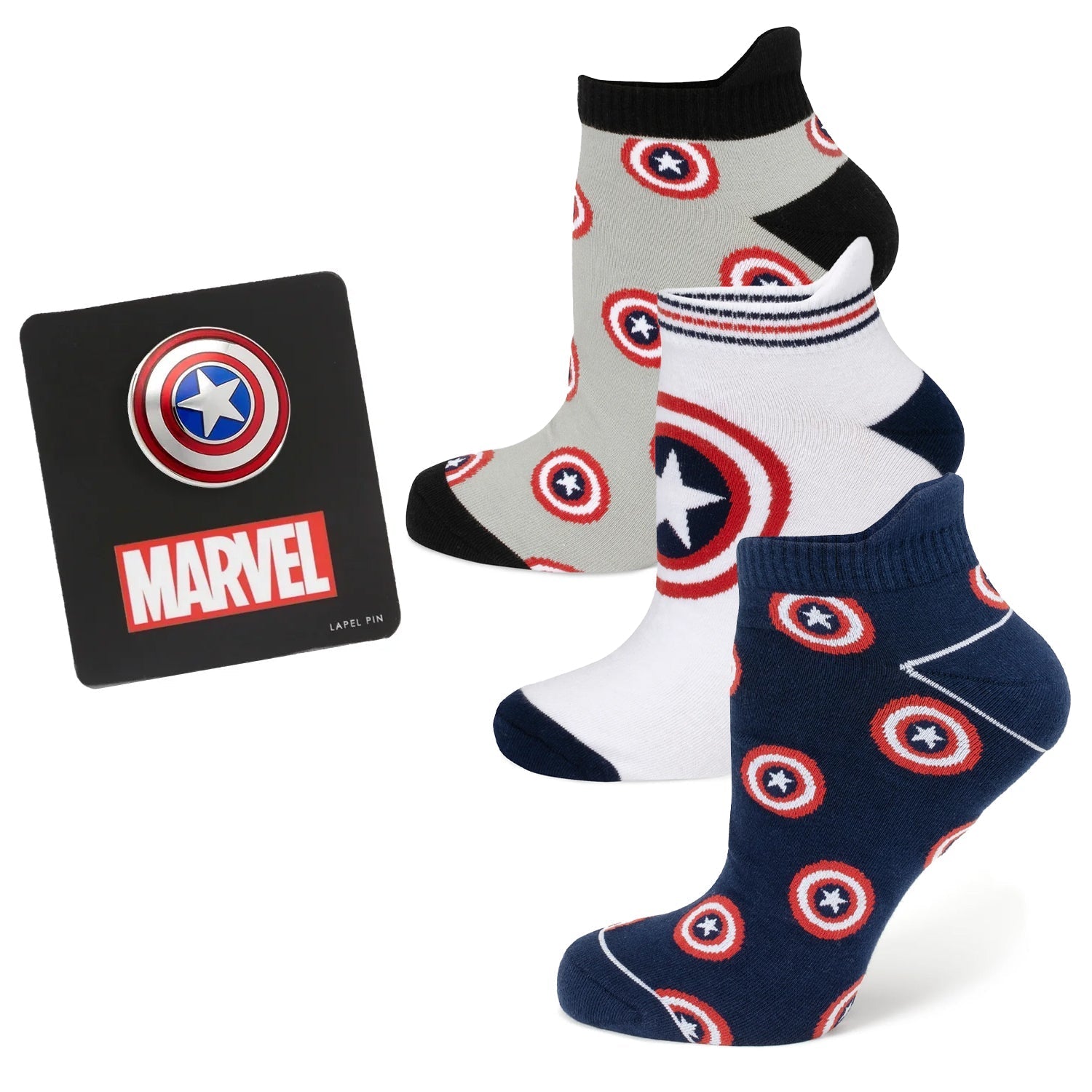 Marvel Captain America Ankle Socks 3-Pack and Lapel Pin Gift Set 