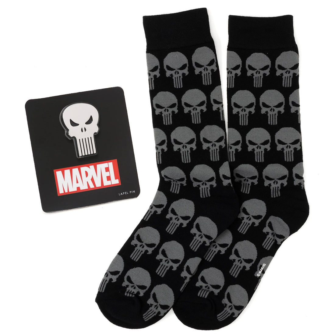 Marvel Punisher Black Socks and Silver Lapel Pin Gift Set by Cufflinks.com