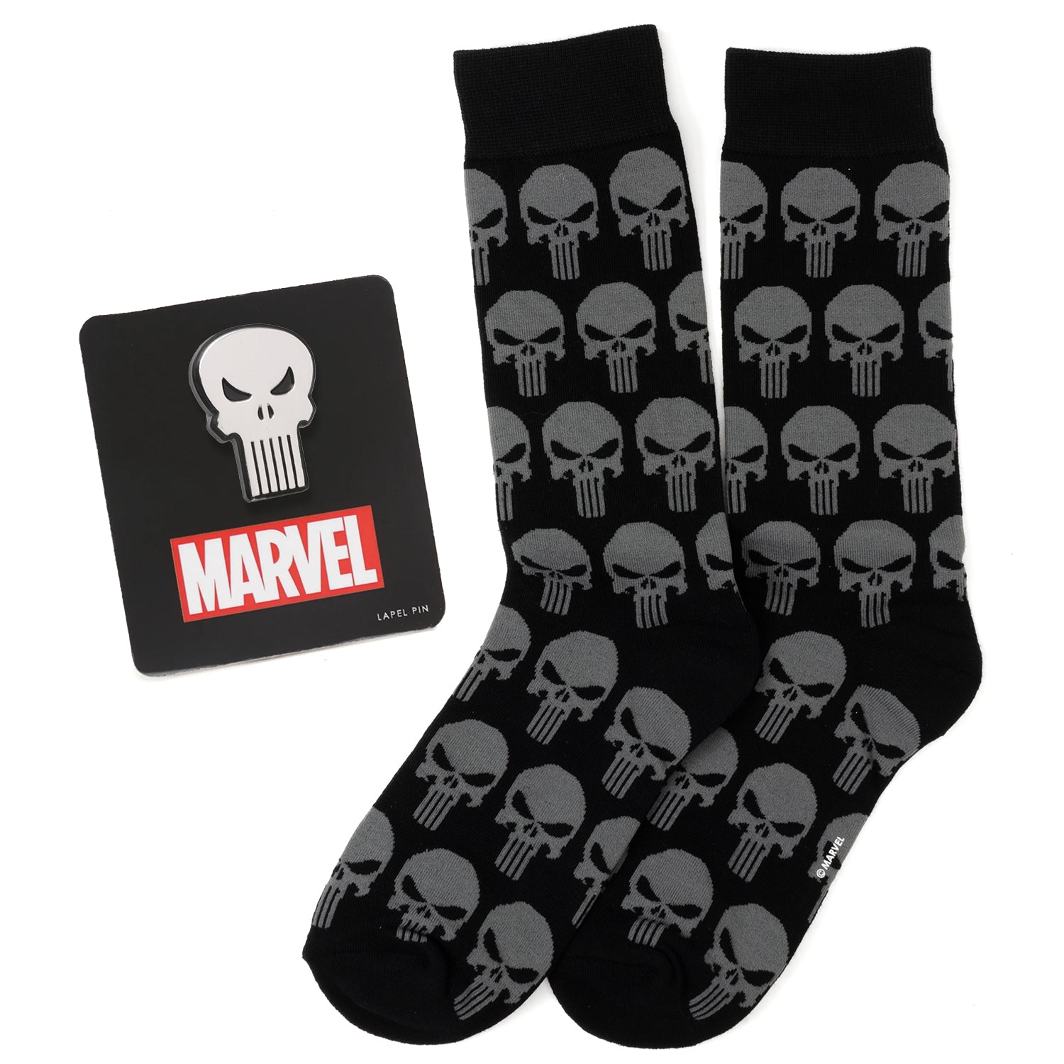 Marvel Punisher Black Socks and Silver Lapel Pin Gift Set by Cufflinks.com