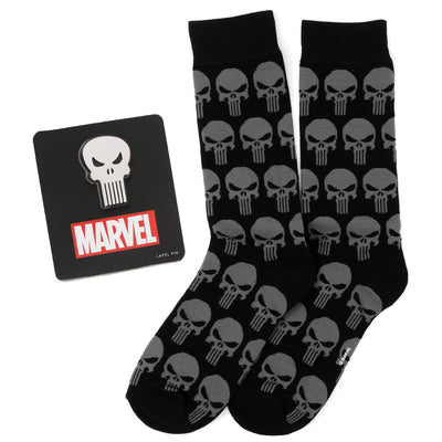 Marvel Punisher Black Socks and Silver Lapel Pin Gift Set