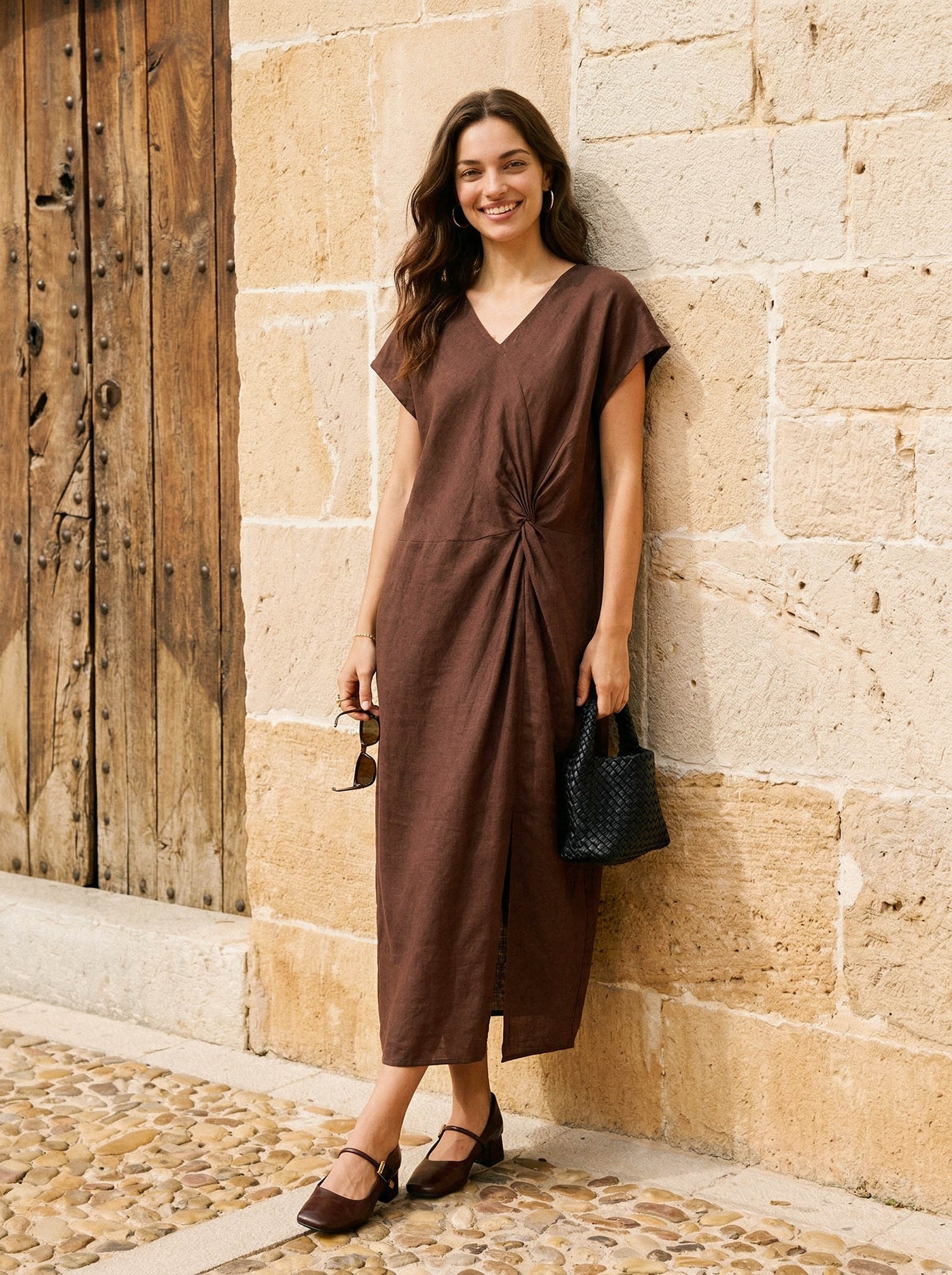 100% Linen Twist-Waist Slit Maxi Dress LYNETTE by LINTICO