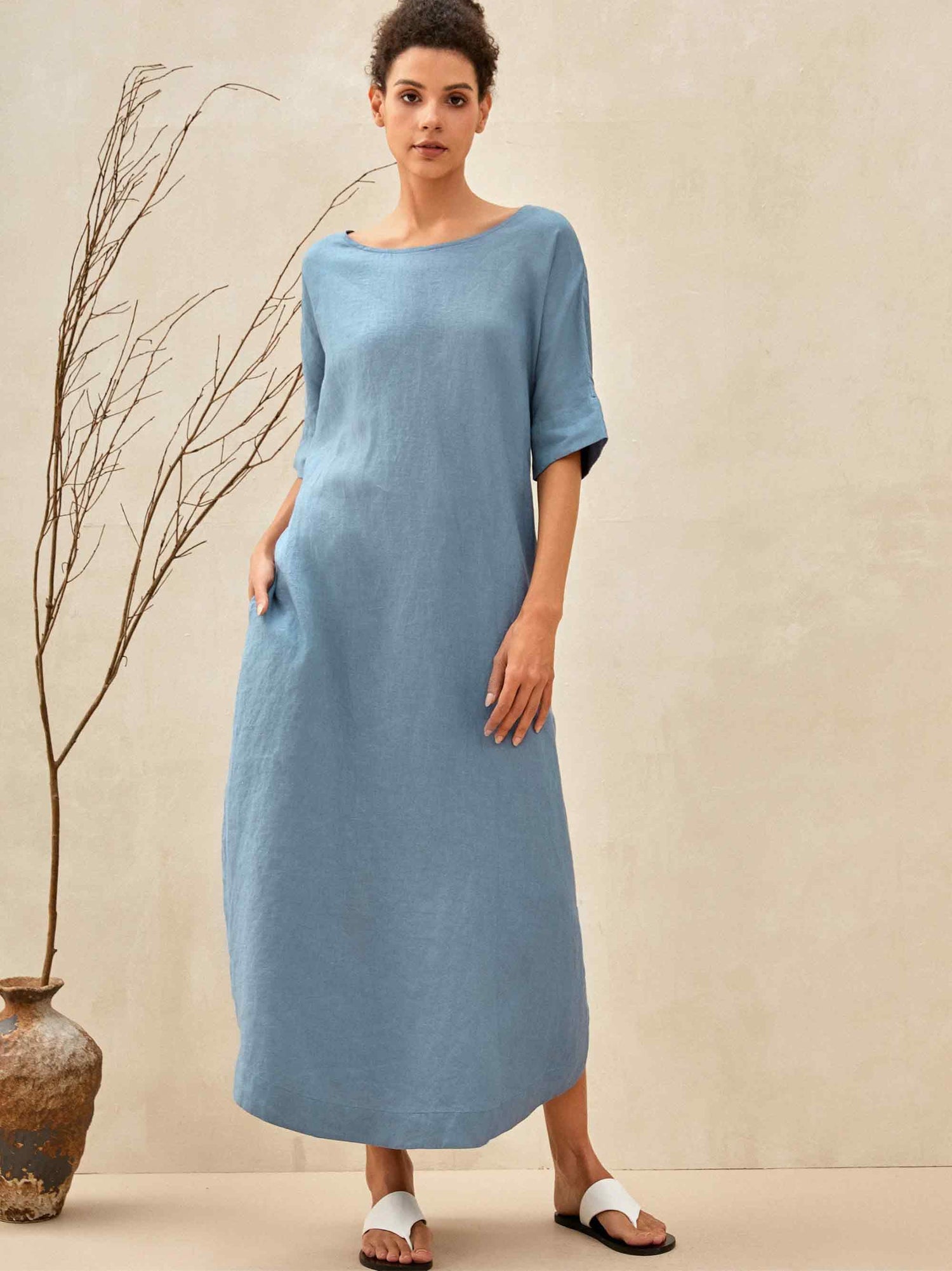 100% Linen Loose Fit Kimono Maxi Dress MADDIE by LINTICO