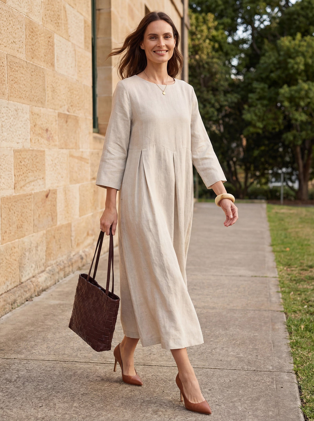 100% Linen Bateau Neck Pleated Midi Dress ABIGAIL by LINTICO