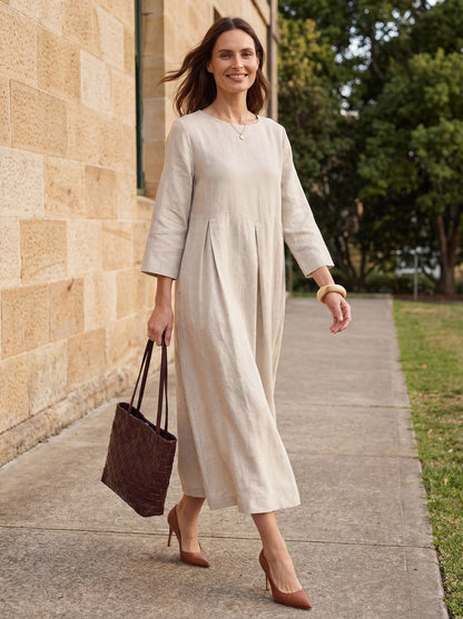 100% Linen Bateau Neck Pleated Midi Dress ABIGAIL  DestGlow