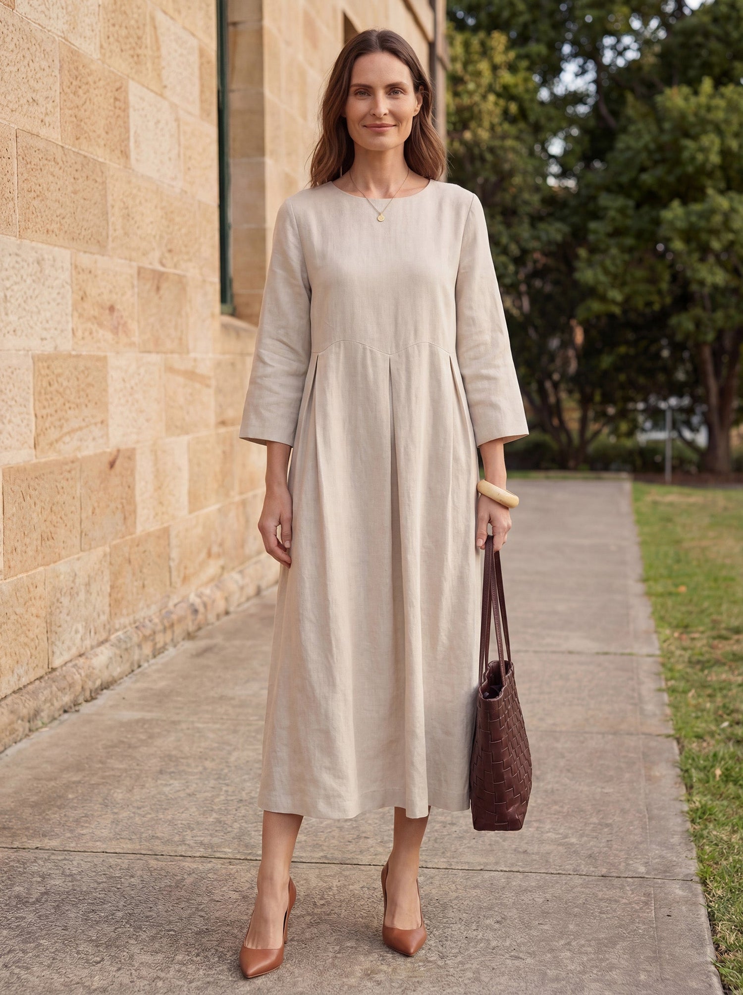 100% Linen Bateau Neck Pleated Midi Dress ABIGAIL  DestGlow