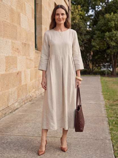 100% Linen Bateau Neck Pleated Midi Dress ABIGAIL  DestGlow