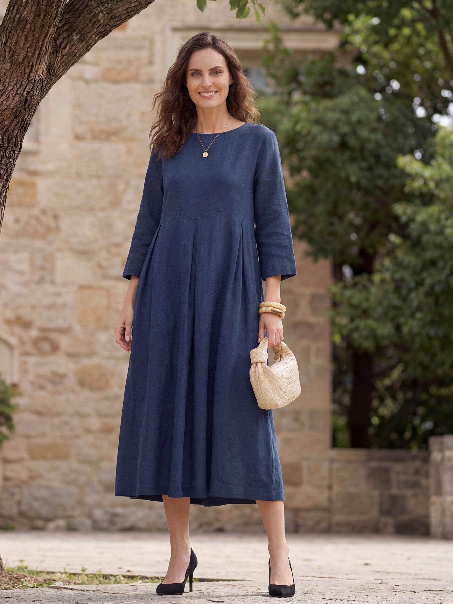 100% Linen Bateau Neck Pleated Midi Dress ABIGAIL  DestGlow