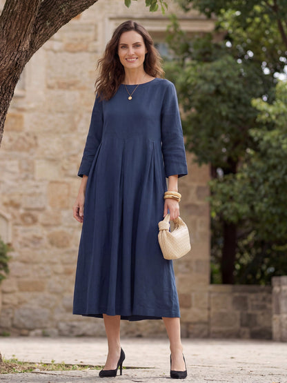 100% Linen Bateau Neck Pleated Midi Dress ABIGAIL  DestGlow