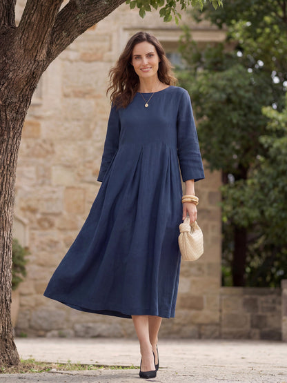 100% Linen Bateau Neck Pleated Midi Dress ABIGAIL by LINTICO