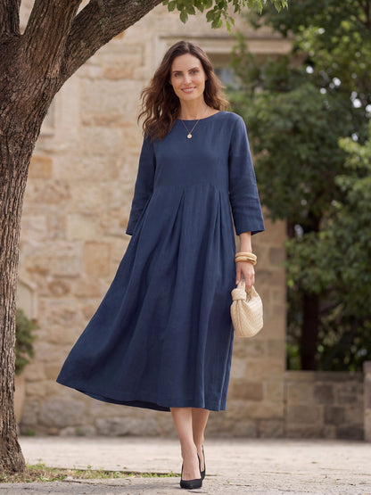 100% Linen Bateau Neck Pleated Midi Dress ABIGAIL  DestGlow