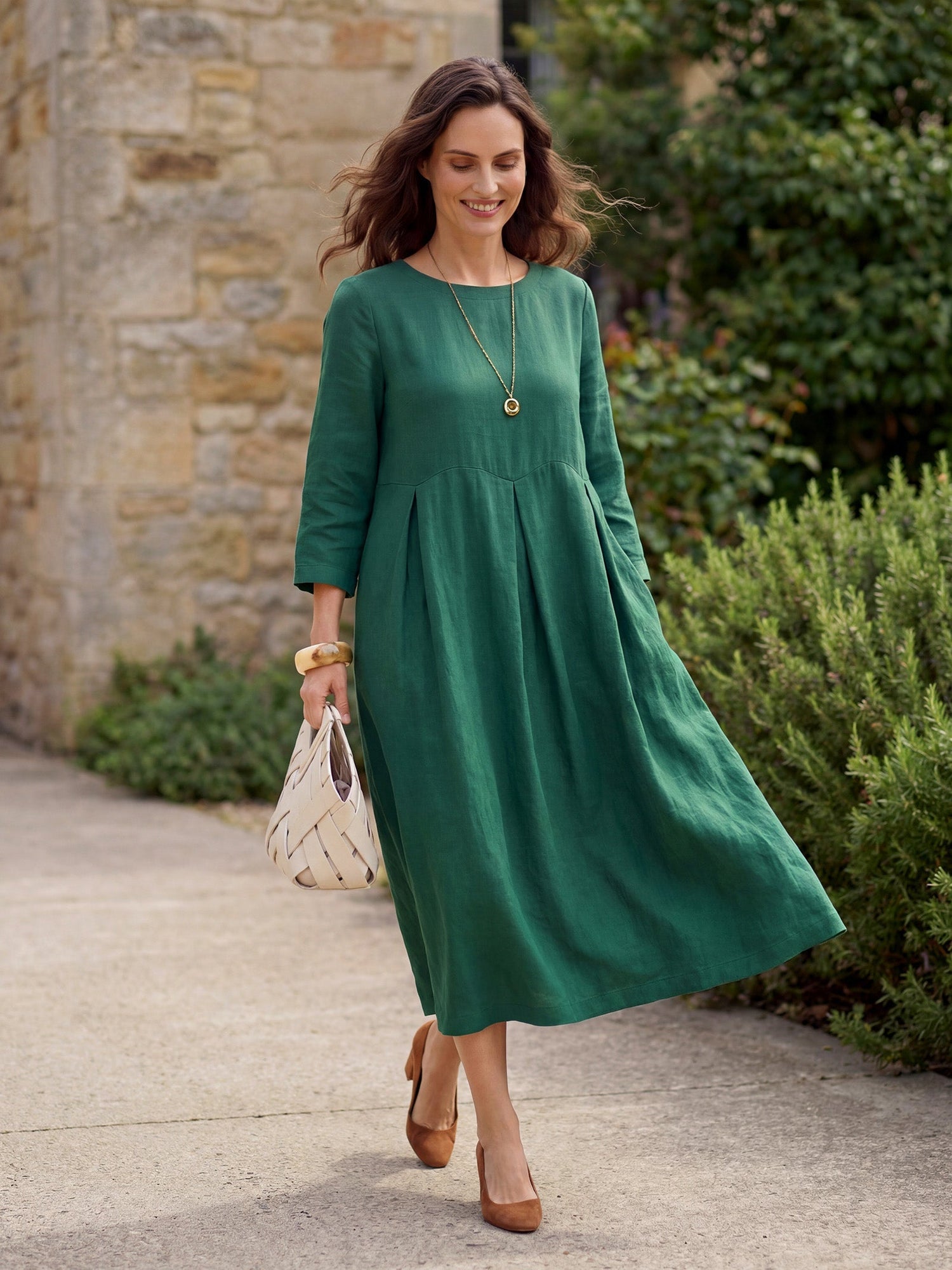 100% Linen Bateau Neck Pleated Midi Dress ABIGAIL  DestGlow