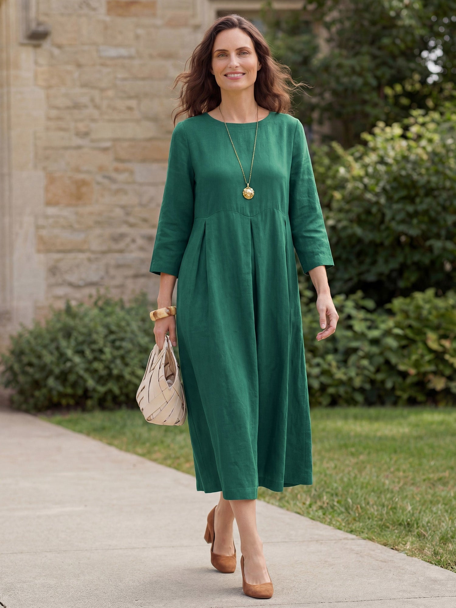 100% Linen Bateau Neck Pleated Midi Dress ABIGAIL  DestGlow