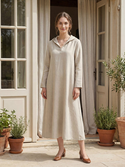 100% Linen Hooded Pullover Maxi Dress REBECCA by LINTICO