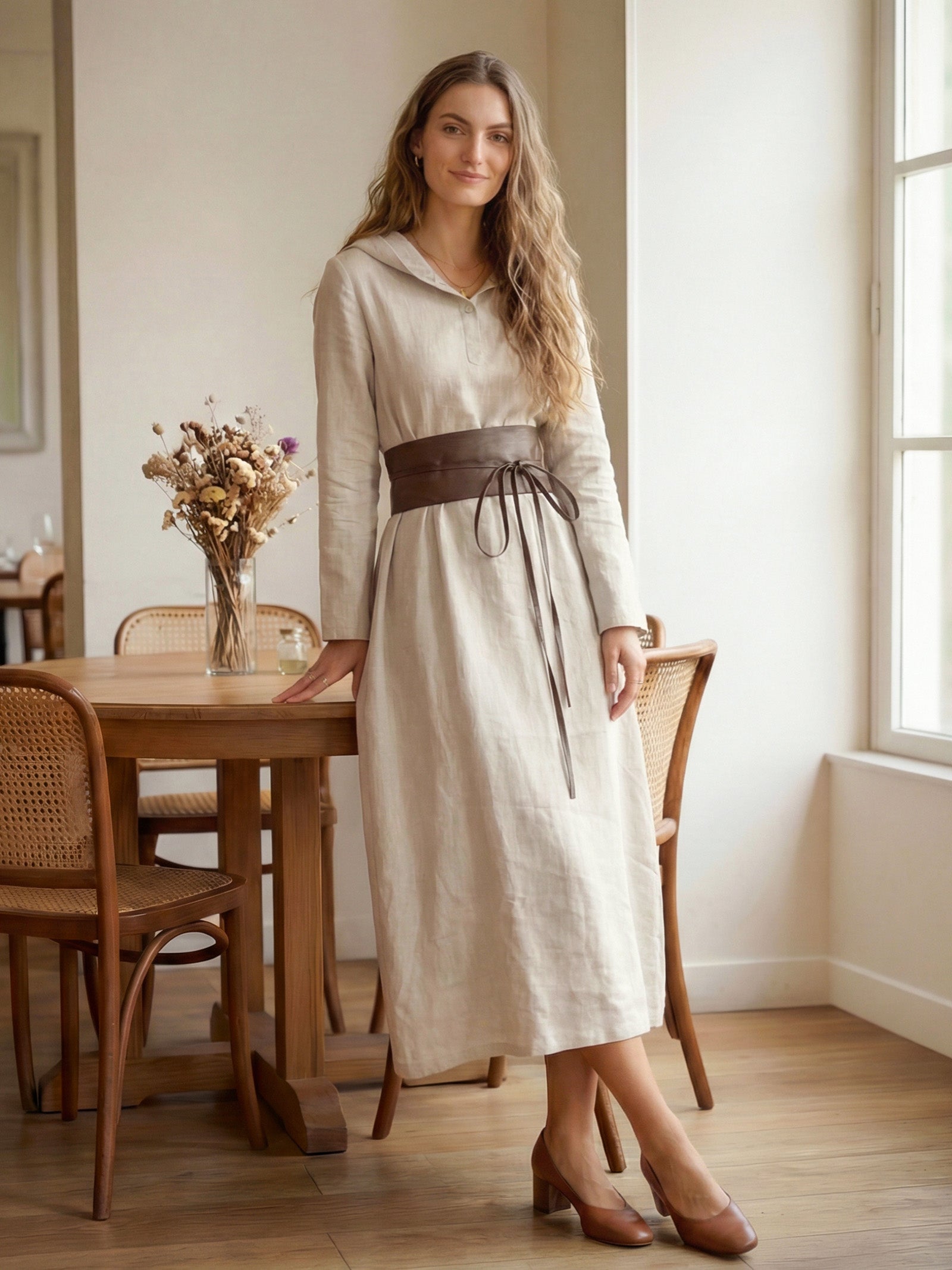 100% Linen Hooded Pullover Maxi Dress REBECCA by LINTICO