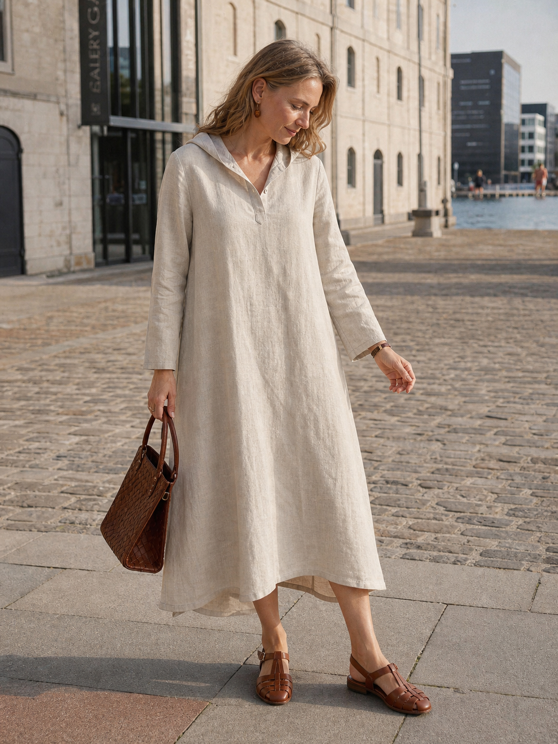 100% Linen Hooded Pullover Maxi Dress REBECCA  DestGlow
