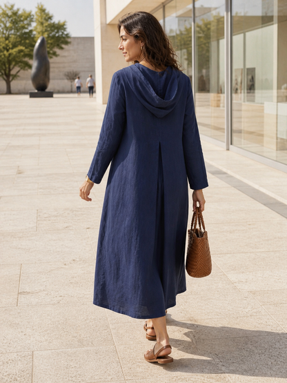 100% Linen Hooded Pullover Maxi Dress REBECCA  DestGlow