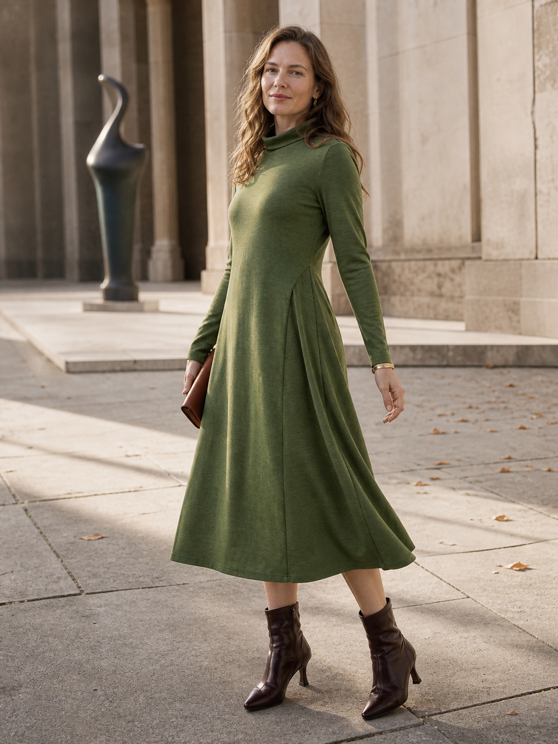 Wool Sculpted Pleats Turtleneck Midi Dress BRIAR  DestGlow