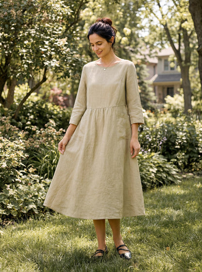 100% Linen Shirred Waistline Patch Pocket Maxi Dress MARCELLA by LINTICO