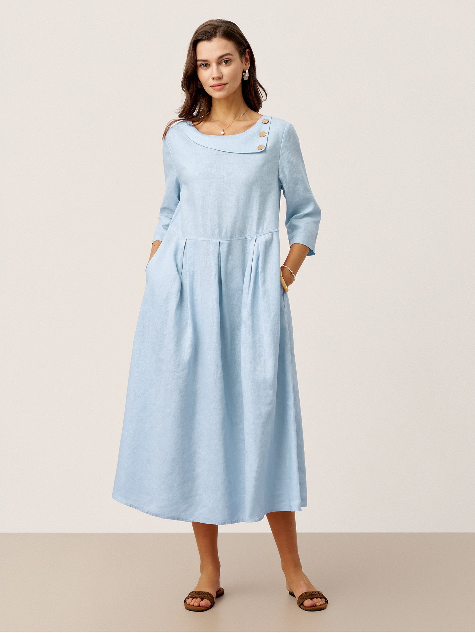 100% Linen Crescent Neck Decorative Button Waist Pleated Midi Dress GWENYTH  DestGlow