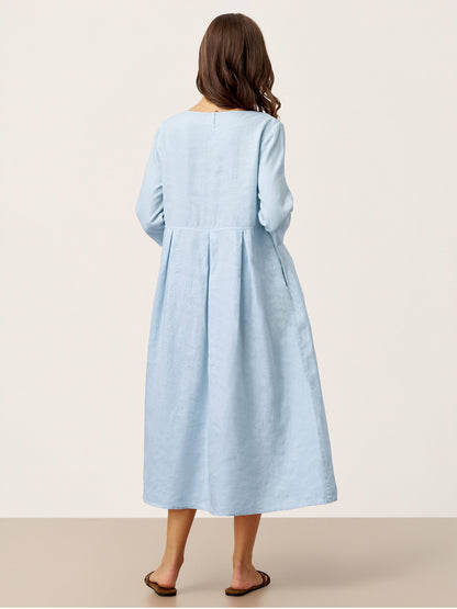 100% Linen Crescent Neck Decorative Button Waist Pleated Midi Dress GWENYTH  DestGlow