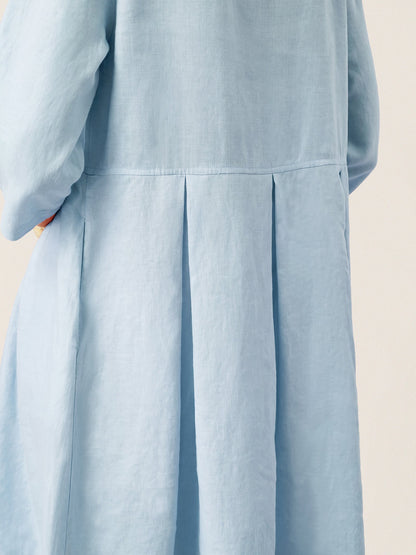 100% Linen Crescent Neck Decorative Button Waist Pleated Midi Dress GWENYTH  DestGlow
