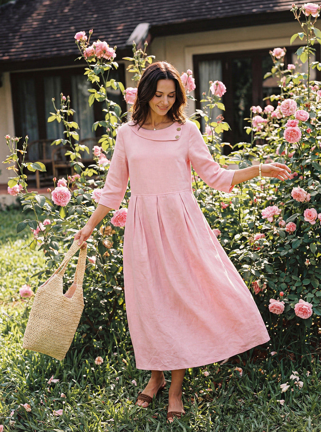100% Linen Crescent Neck Decorative Button Waist Pleated Midi Dress GWENYTH  DestGlow