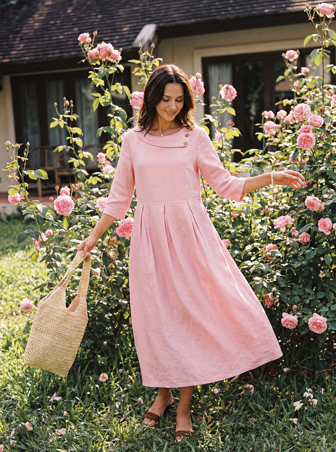 100% Linen Crescent Neck Decorative Button Waist Pleated Midi Dress GWENYTH  DestGlow