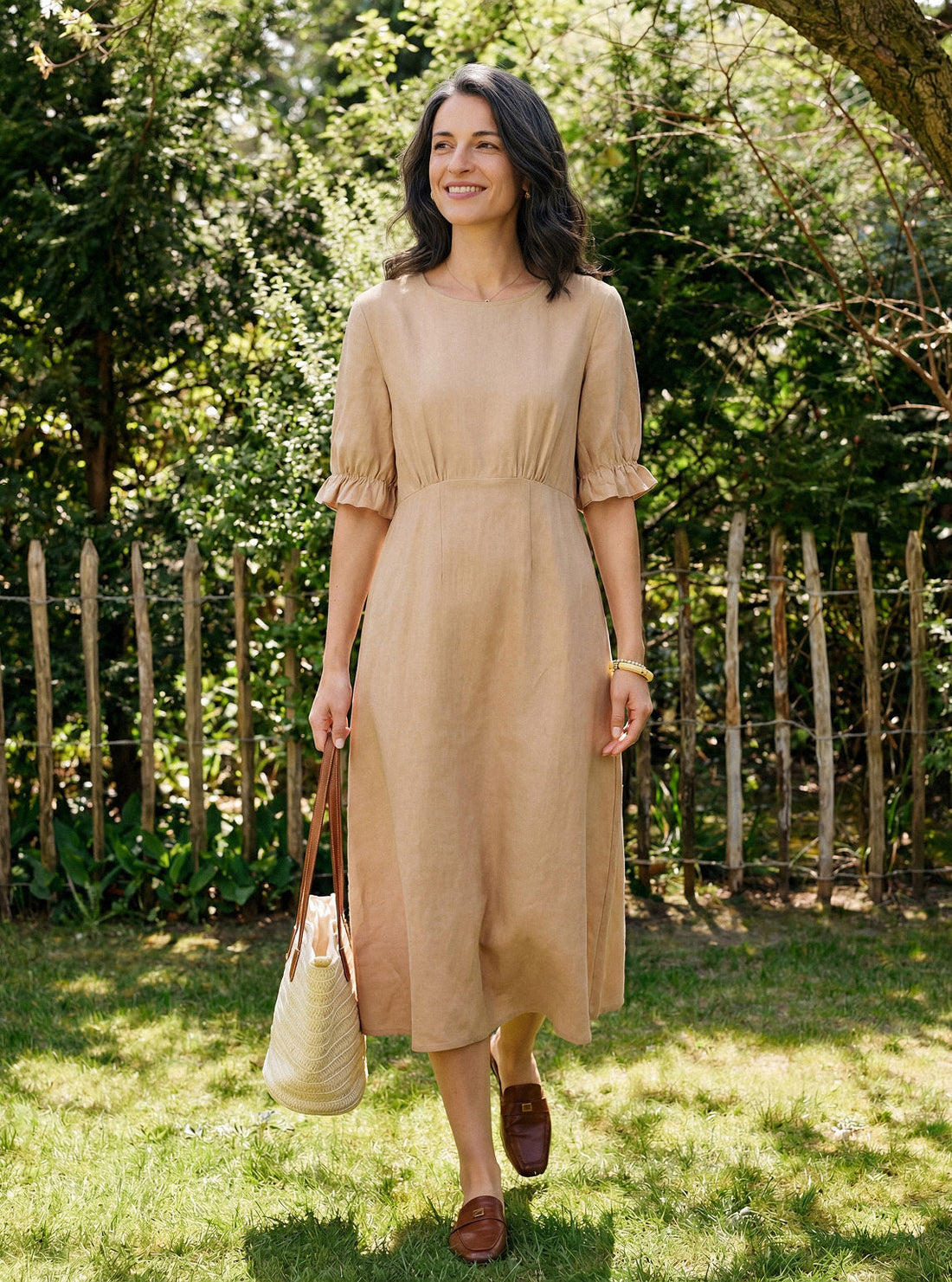 100% Linen Round Neck High Waist Ruffle Sleeve Maxi Dress ZEPHYRA by LINTICO