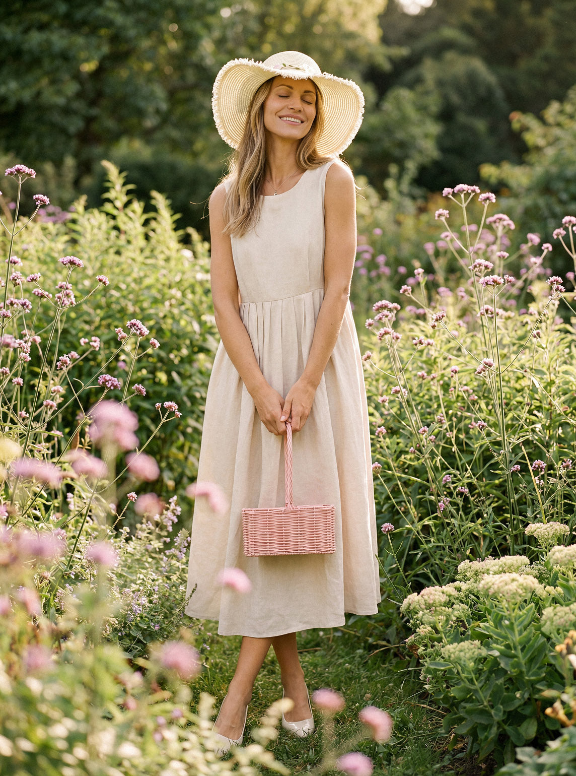 100% Linen Sleeveless Crew Neck Waist Pleated Maxi Dress SELENE by LINTICO