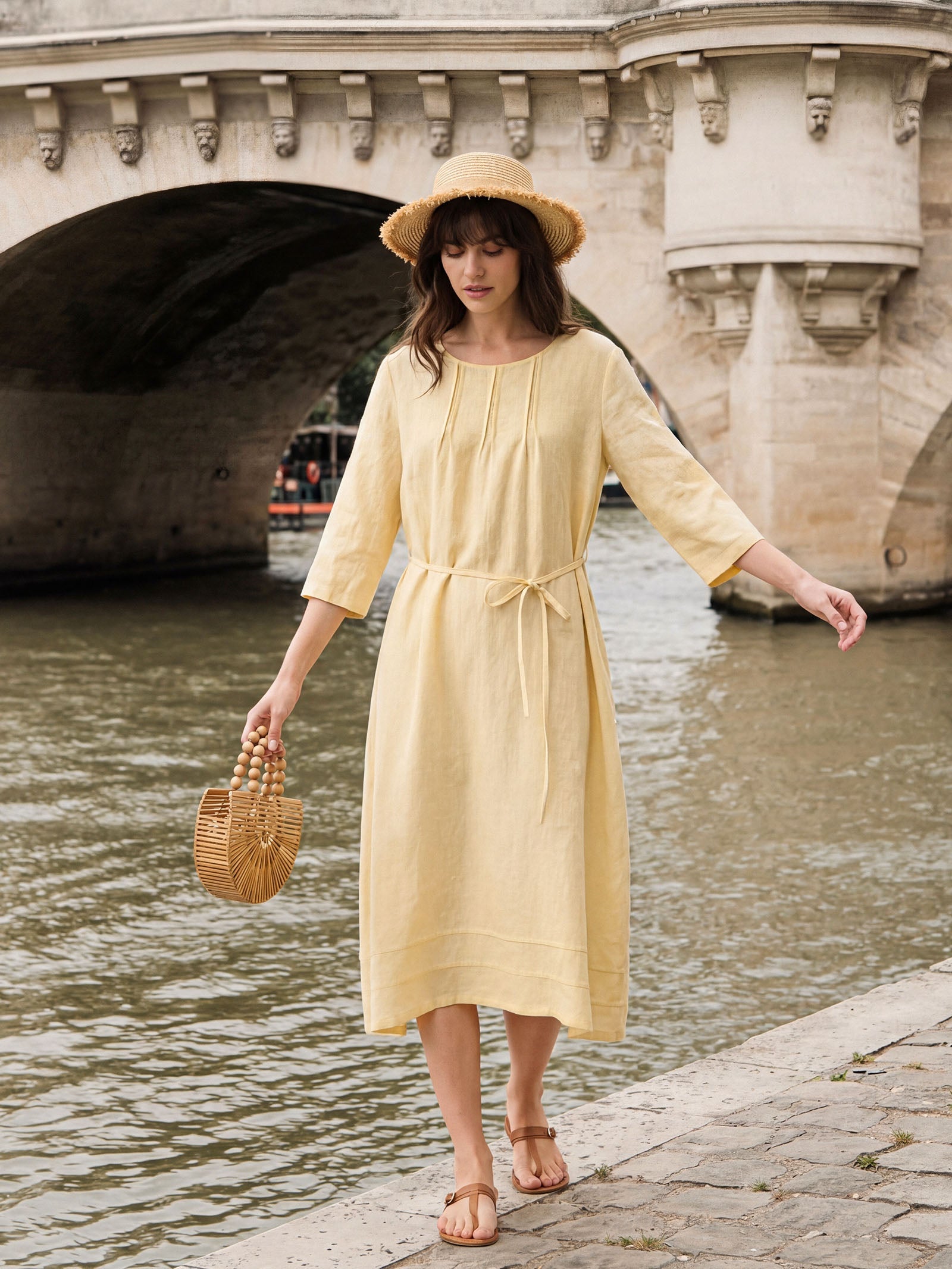 100% Linen Pintucked Embroidered Adjustable Belt Tiered Midi Dres VERENA by LINTICO