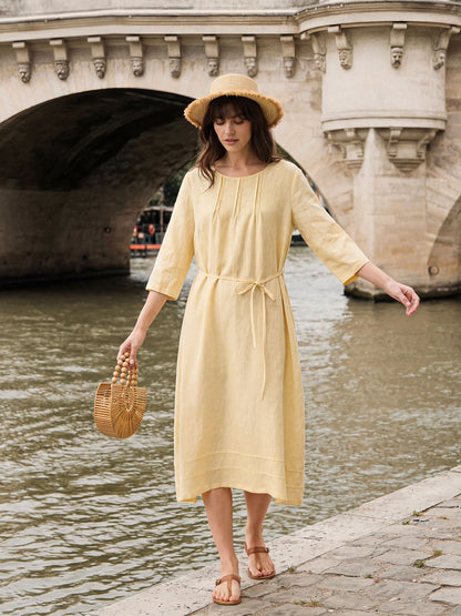 100% Linen Pintucked Embroidered Adjustable Belt Tiered Midi Dres VERENA by LINTICO