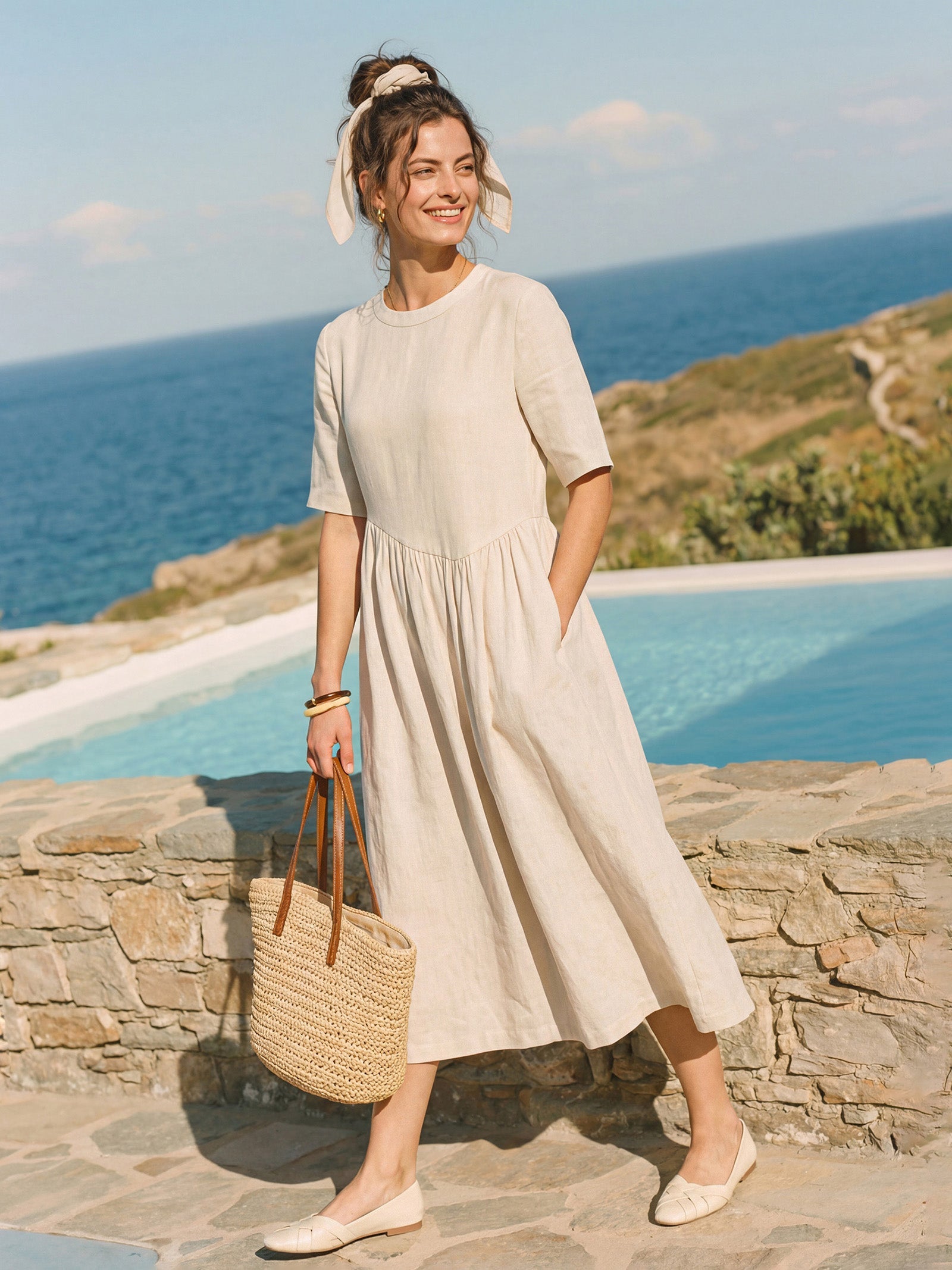100% Linen Arch-Seam Fluid Midi Dress EUDORA by LINTICO