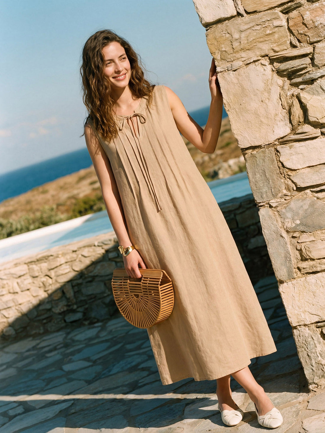 100% Linen Sleeveless Tie-Neck Pintucked Midi Dress MILLICENT by LINTICO
