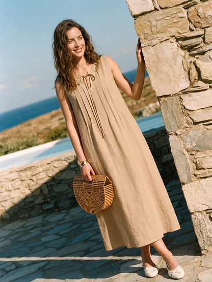 100% Linen Sleeveless Tie-Neck Pintucked Midi Dress MILLICENT by LINTICO