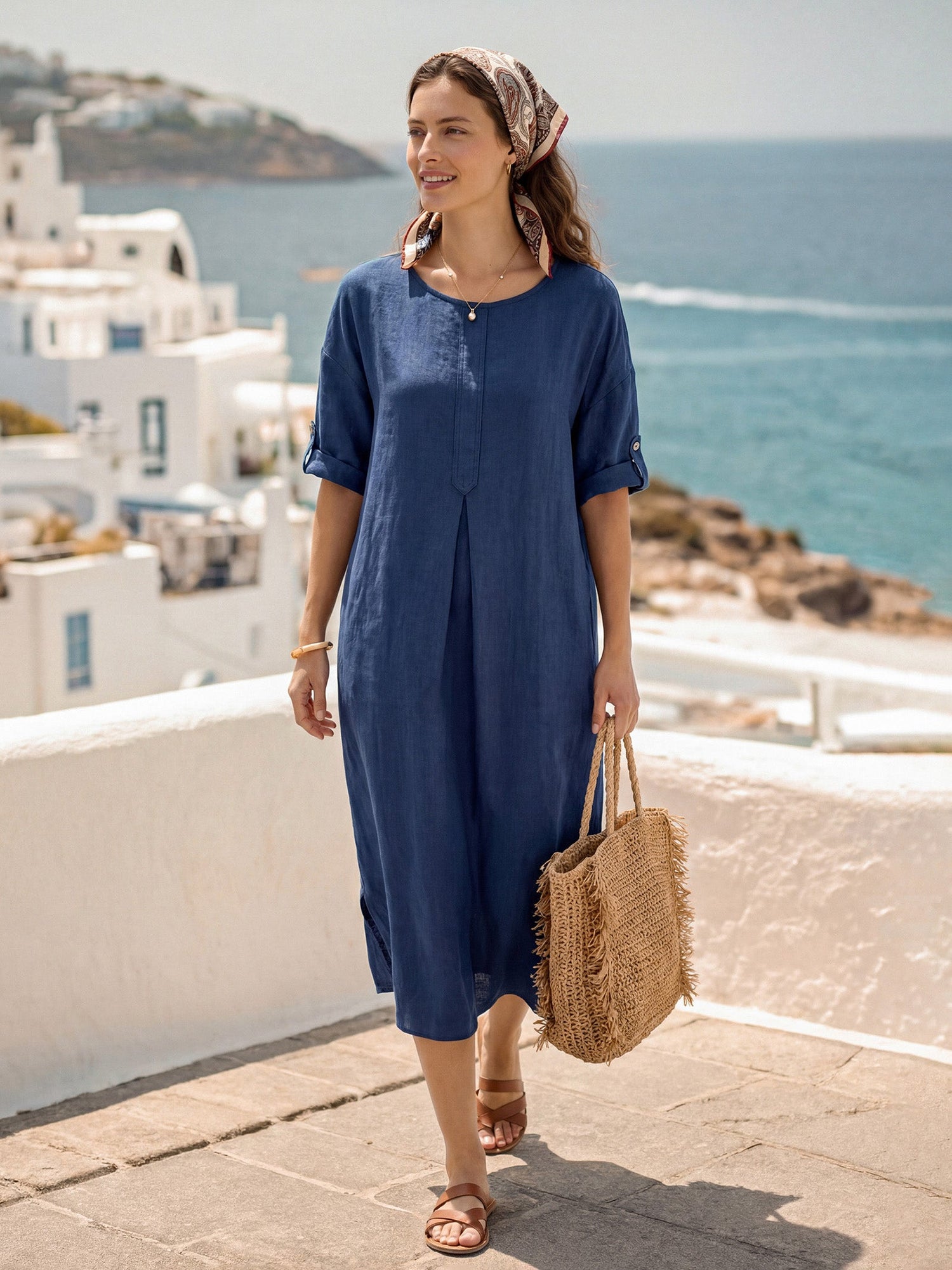 100% Linen Roll-Up Sleeve Inverted Pleat Maxi Dress MARIBEL by LINTICO