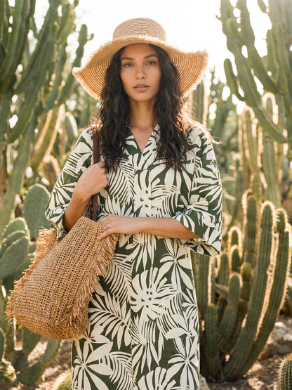 Linen Palm Print Camp Collar Relaxed Maxi Shirt Dress MINERVA by LINTICO